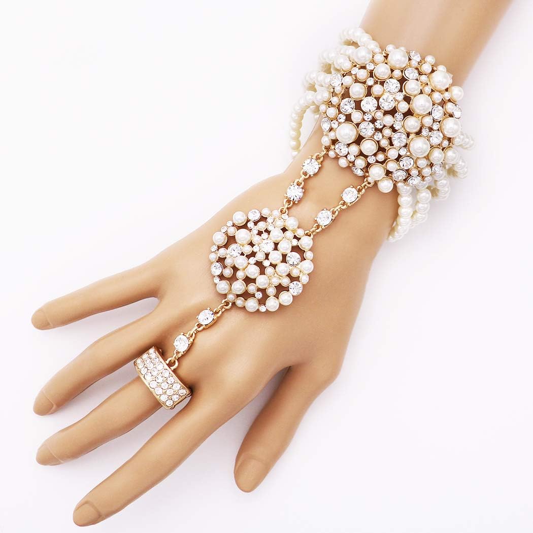 Rosemarie & Jubalee Women's Unique Circular Design Crystal Rhinestone And Simulated Pearl Stretch Bracelet Ring Bridal Hand Chain - Image 2