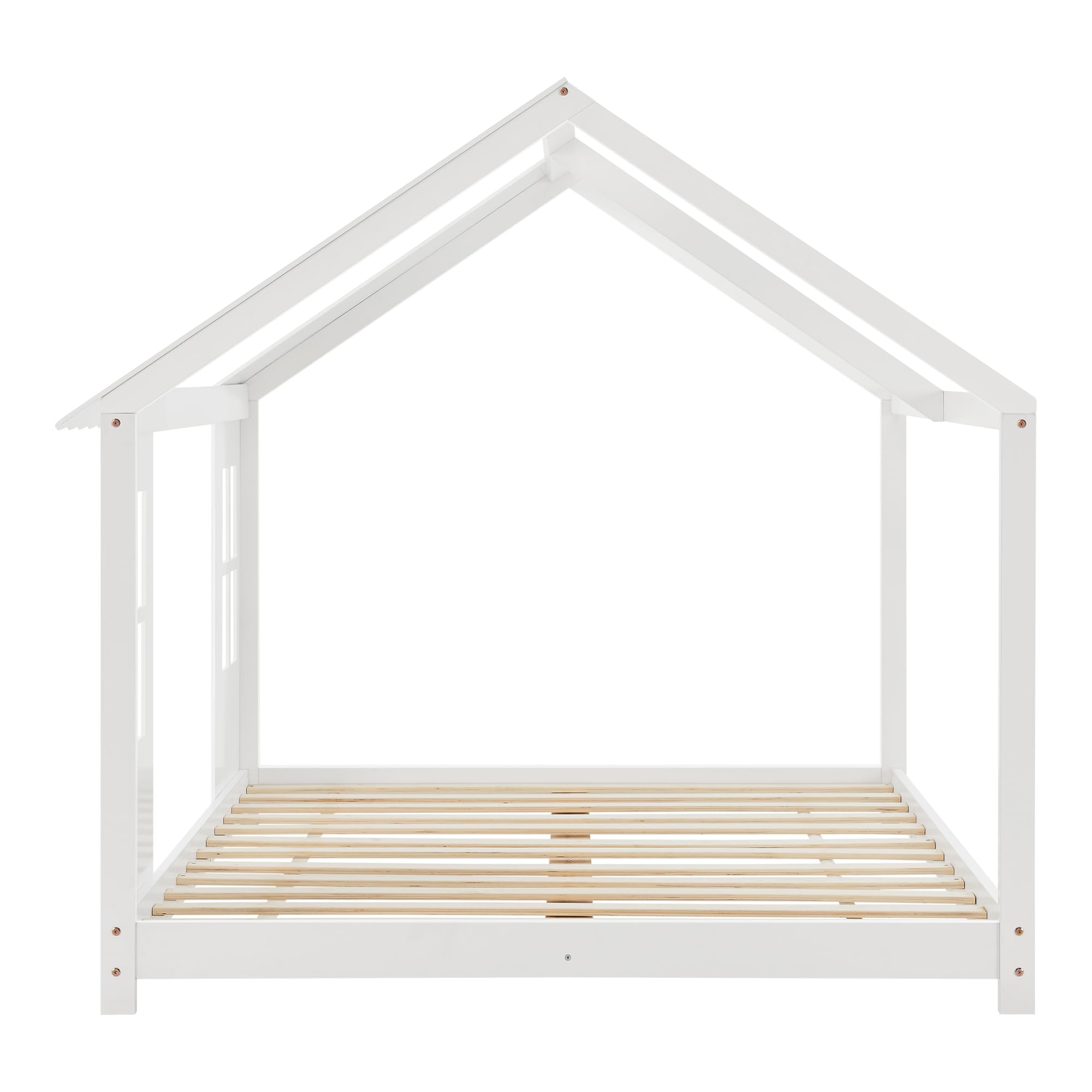[en.casa] Cama Infantil Tostedt para Niños y Niñas en Forma de Casa con Ventanas y Techo Cama con Somier máx. 200 kg Montessori 120 x 200 cm Madera de Pino - Blanco