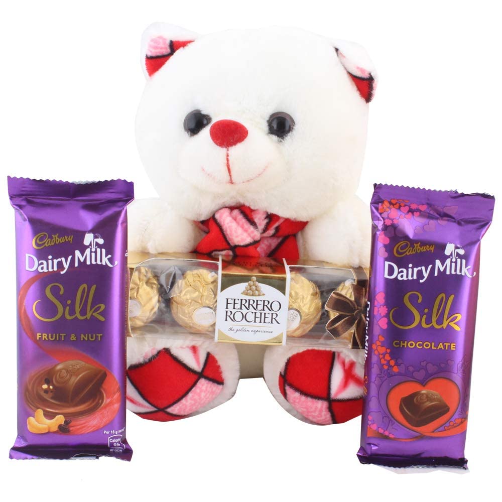 Astonished Retail Astonished Premium Chocolate Gift Hamper with Beautiful Muffler Teddy Bear|Combo of Ferrero Rocher & Dairy Milk Silk|Surprise Gift with Teddy Bear|Gift for Her, Him., 1 - 400 G