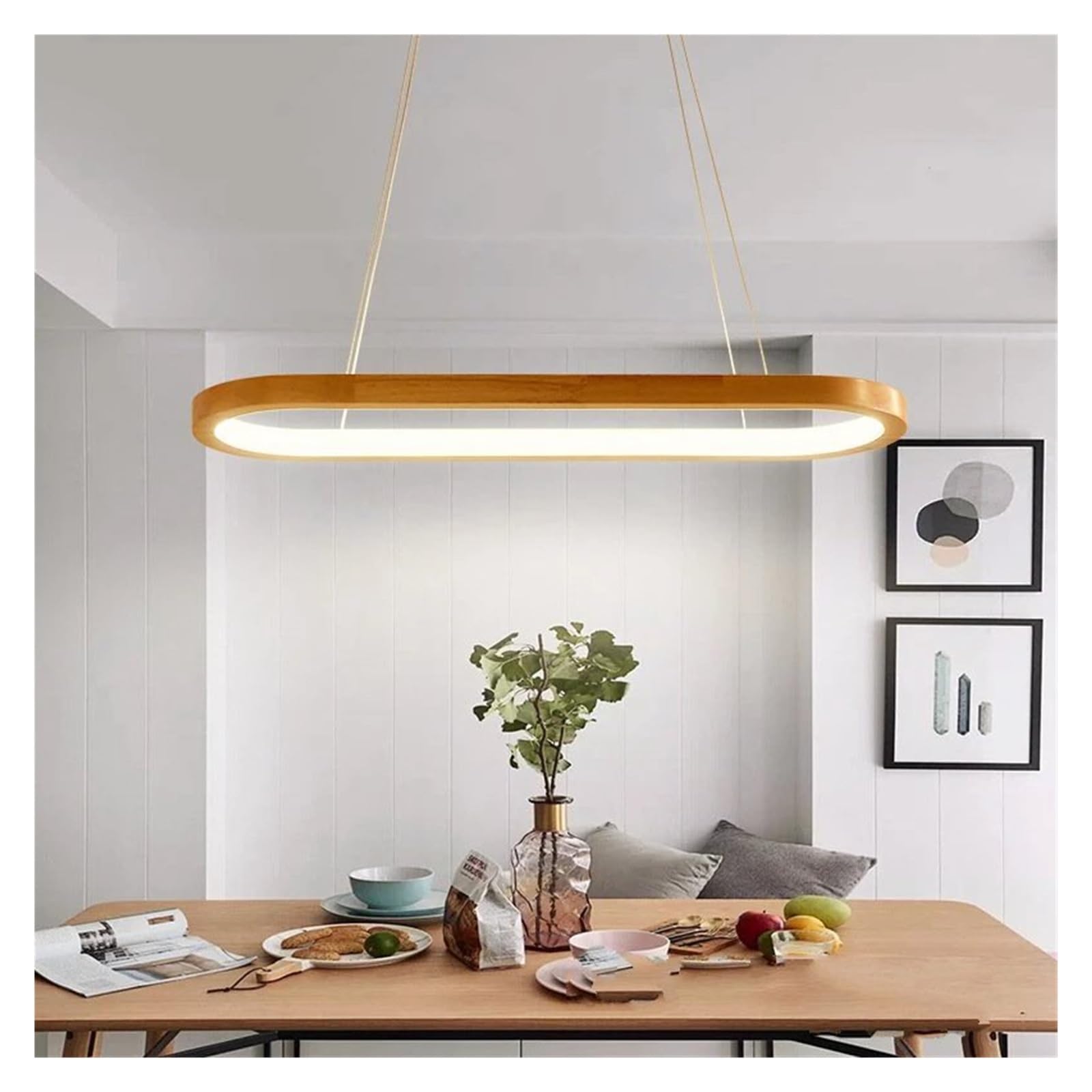 OMENFEE Nordic Solid Wood Restaurant Pendant Lamp Simple Bar Dining Room LED Hanglamp Rubber Wood Long Strip Led Pendant Lights Fixtures,Ceiling Lighting