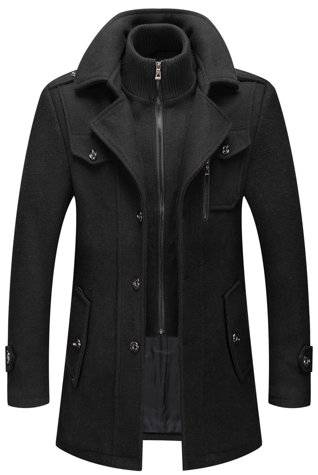 CHARTOU Mens Thermal Single Breasted Wool Blend Coat Business Peacoat with Detachable Zipper