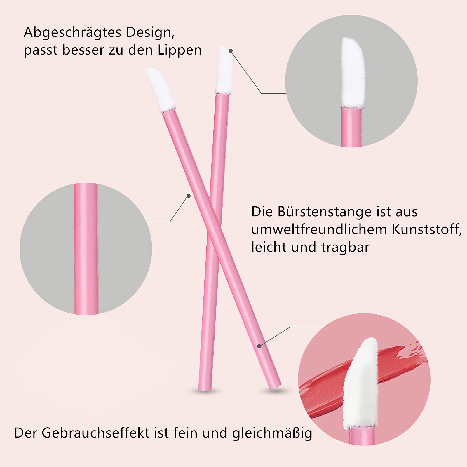 VEGCOO Lot de 300 pinceaux à lèvres jetables pour un maquillage parfait des lèvres (Rose)