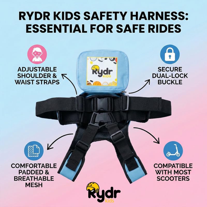 Image of RYDR Premium Motorcycle Safety Harness for Kids (2-12 Years) Adjustable Two-Wheeler Safety Belt for Child Rider with Reflective Strip & Storage Pocket (Blue, with Pocket)