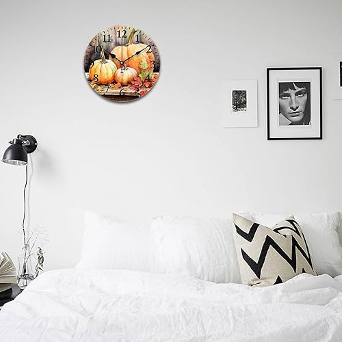 Miniatura 4 de HighonHi Acuarela naranja calabazas hojas verdes relojes otoño Acción de Gracias moderno reloj de pared de madera silencioso sin tictac baño cocina,