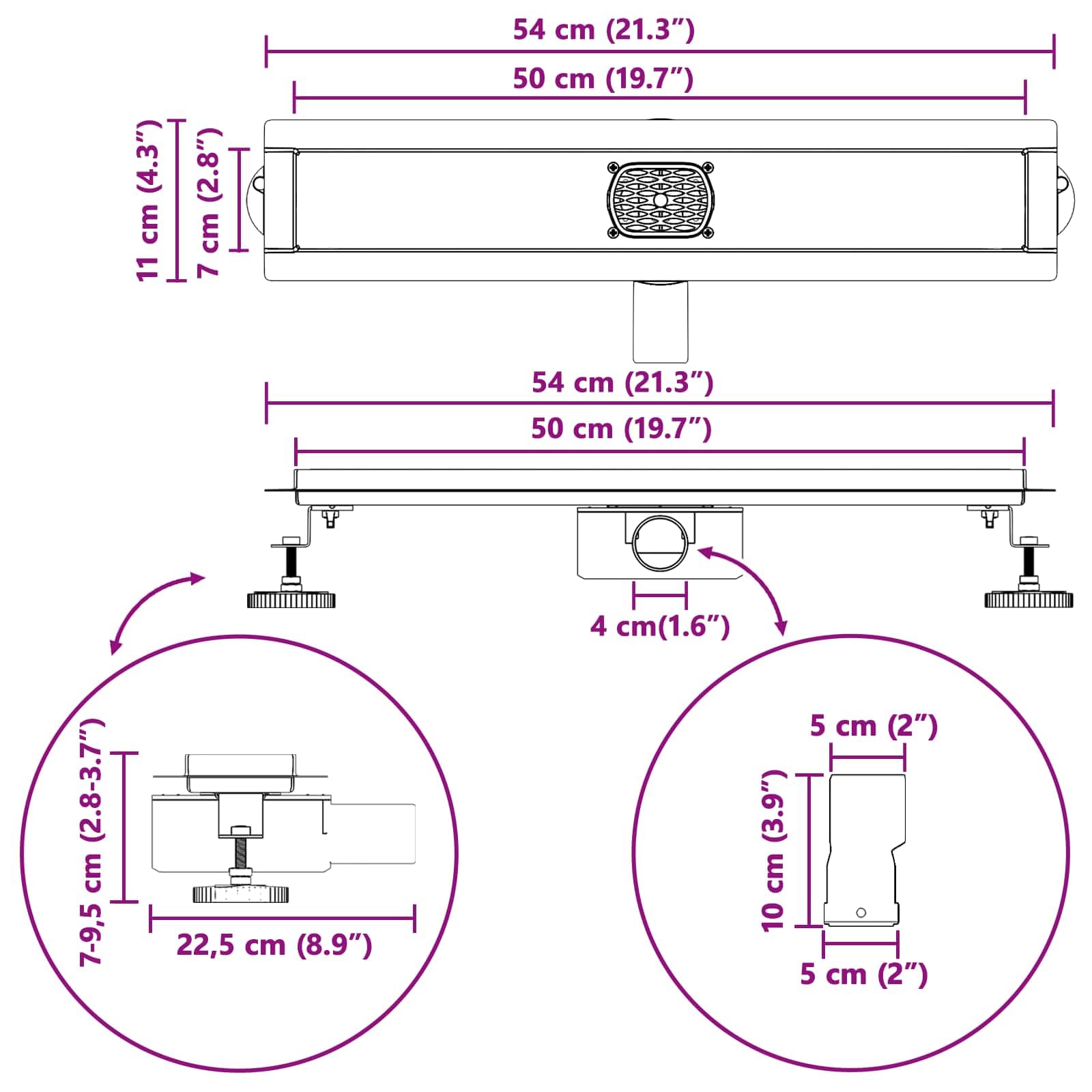 Duschabfluss aus Edelstahl 304 mit Glashülle, 360° Siphon und Linienabdeckung Silber 50 cm, höhenverstellbar 0-30 mm, fliesenfähig für Bad und Dusche