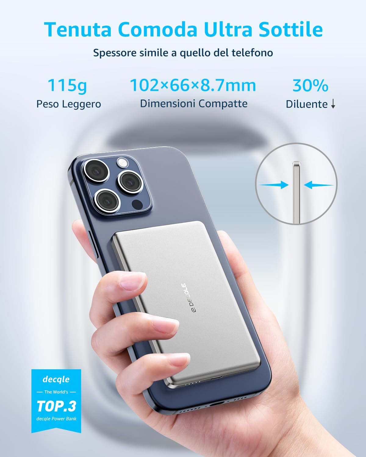 decqle “Air” Powerbank per MagSafe, 5000mAh Ultra Sottile Batteria Integrata Caricatore Portatile Wireless con Cavo USB-C, Solo per iPhone serie 17/16/15/14/13/12 (Argento)