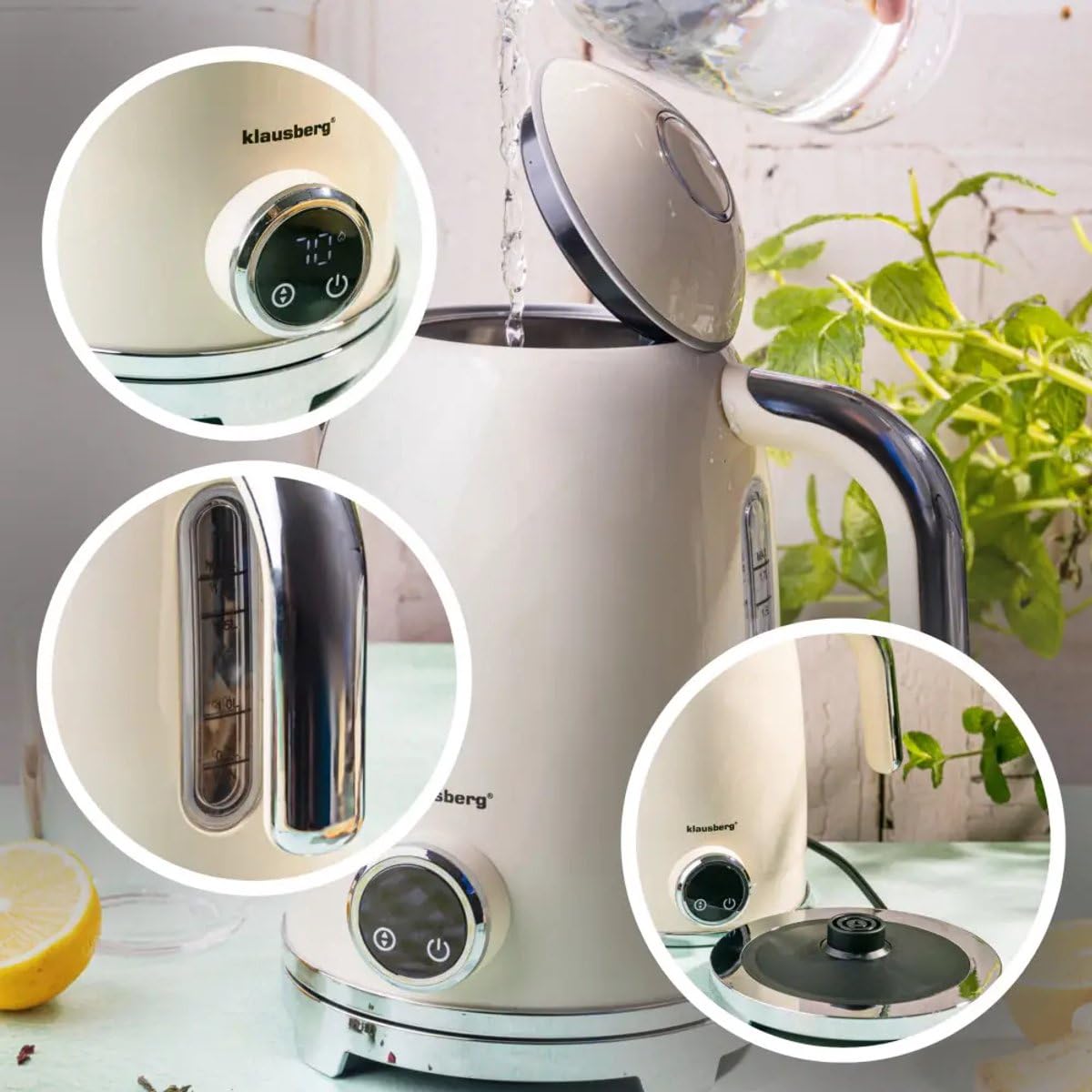 Klausberg czajnik elektryczny z regulacją temperatury i funkcją utrzymywania ciepła, 1,7 l, beżowy, ze stali nierdzewnej (304), 220-240 V, 2200 W