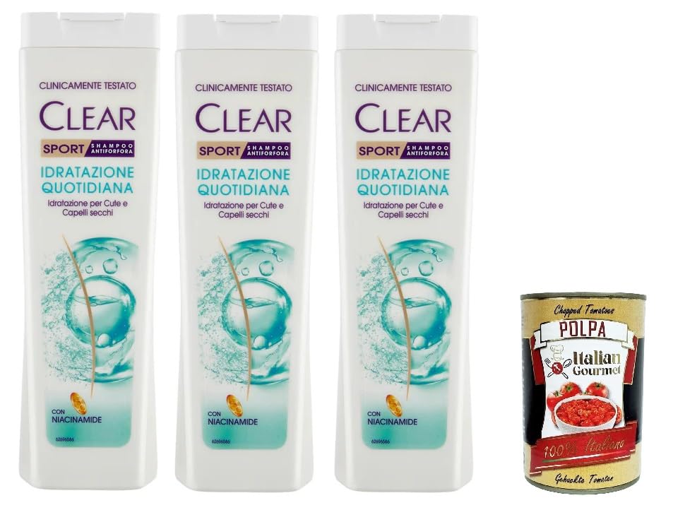 Clear Sport Champú anticaspa, hidratación diaria para cuero cabelludo seco y cabello seco, 3 x 225 ml + Polpa italiana gourmet 400 g