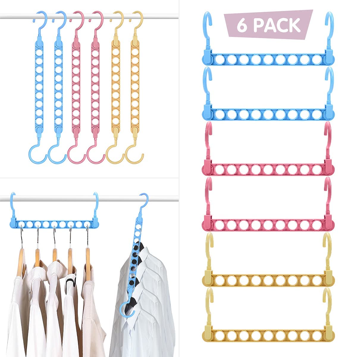 Fun Land 6 Pack Magic Closet Organizers ,9 Hole Space Saving Clothes Hangers for Heavy Clothes, Closet Organizer Hangers for Dorm Room Essentials