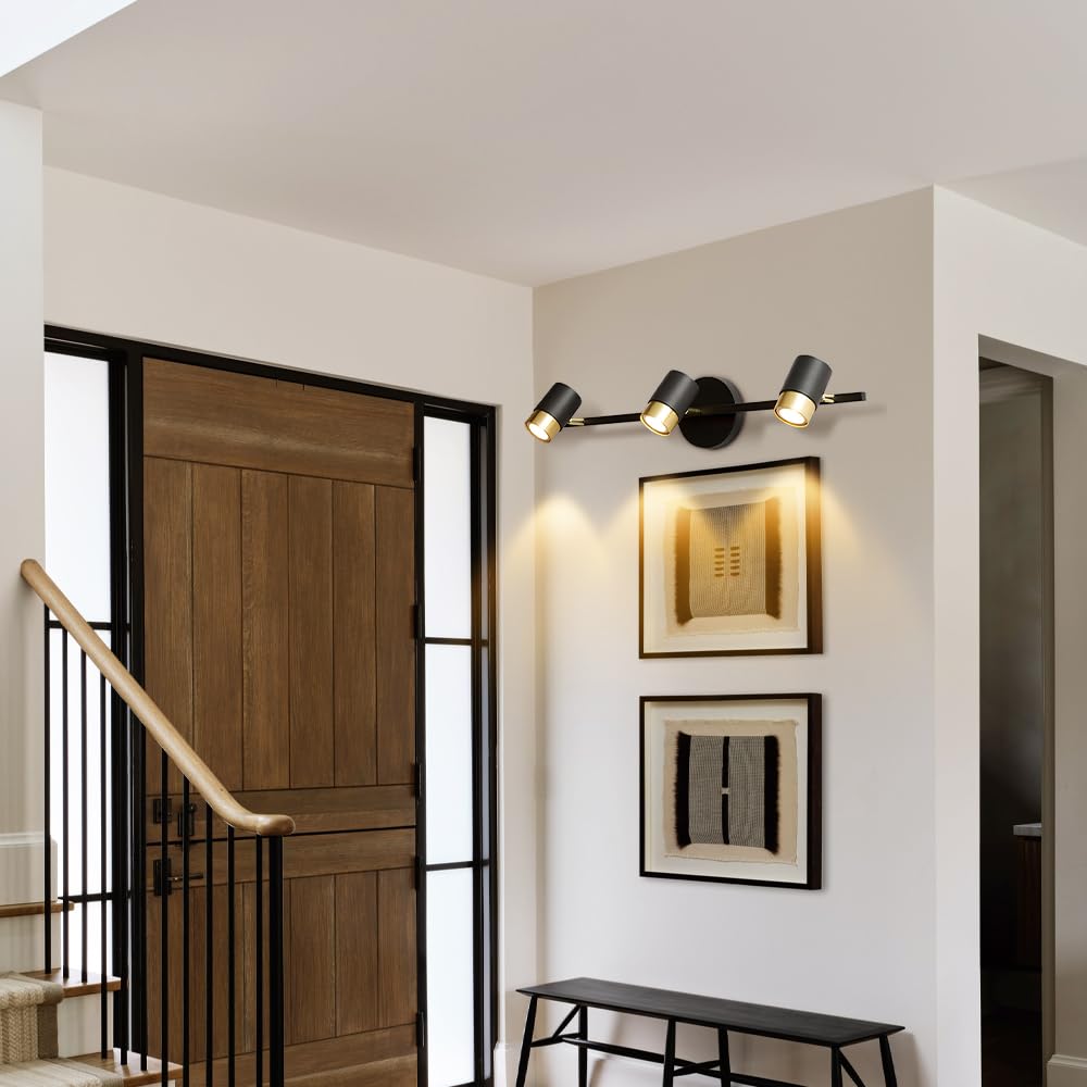 Aplique de pared negro, ajustable de 3 luces, luz de tocador, luz de cuadro, lámpara de arte moderno de 22 pulgadas, luz de montaje en pared cableada, luces puntuales giratorias para sala de estar