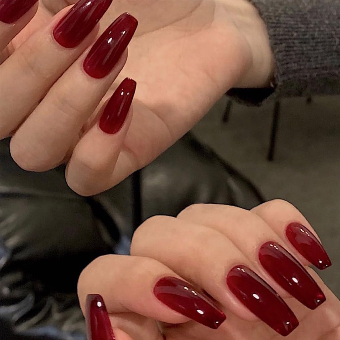 Caiguoer 24 uñas postizas rojas largas, cuadradas, a presión, para mujeres y niñas (A)