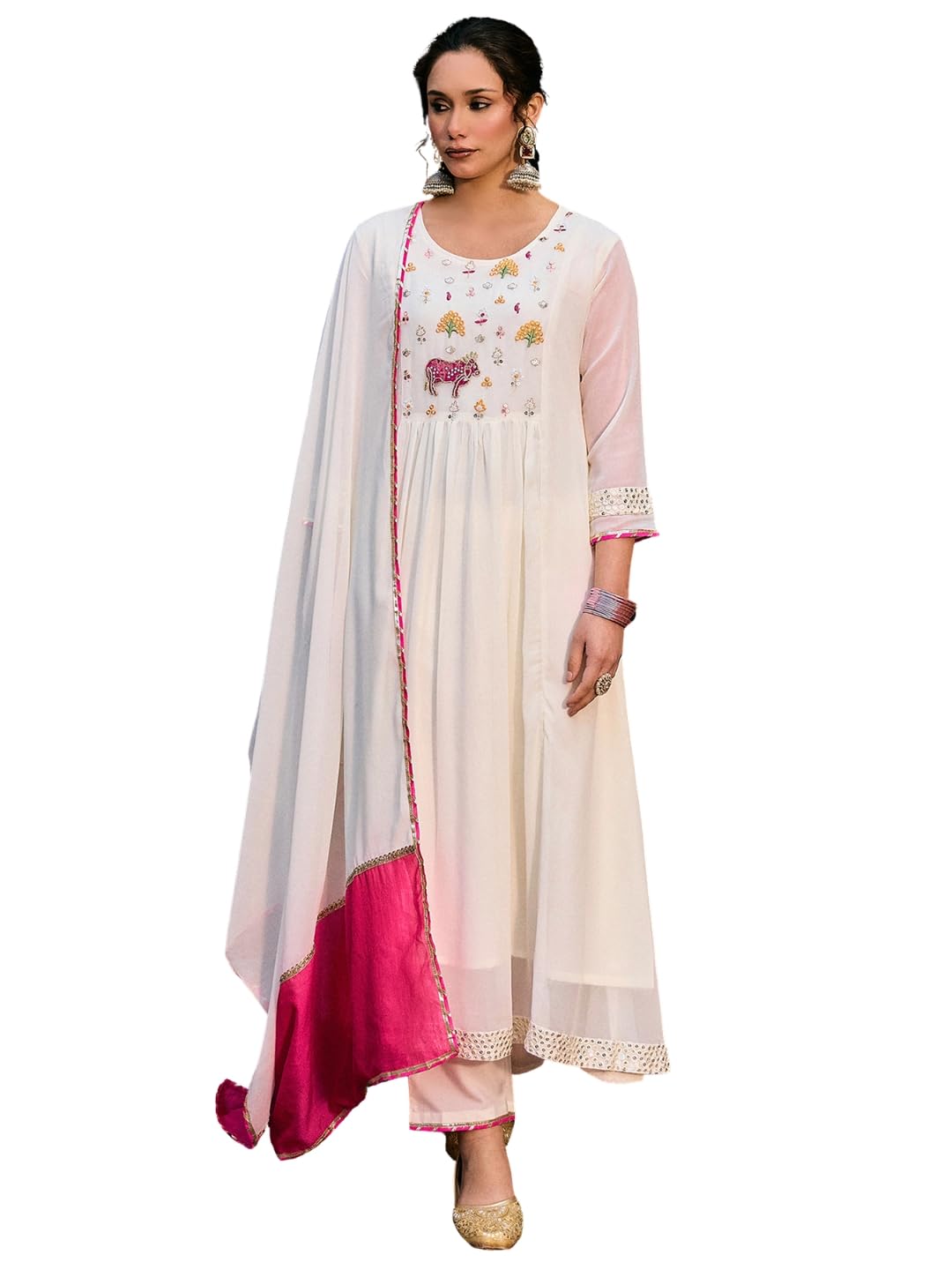 Women's Georgette Siquinned Embroidered Flared Kurta with Pant and Dupatta Sets (NK-856)-image-3