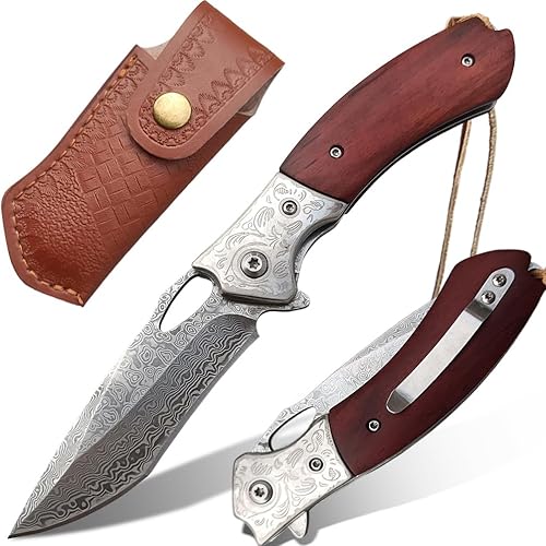 wellsure Cuchillo de bolsillo de Damasco para hombres y mujeres, afilado VG10 Core Damasco cuchillo de campamento con funda de cuero, rodamiento de