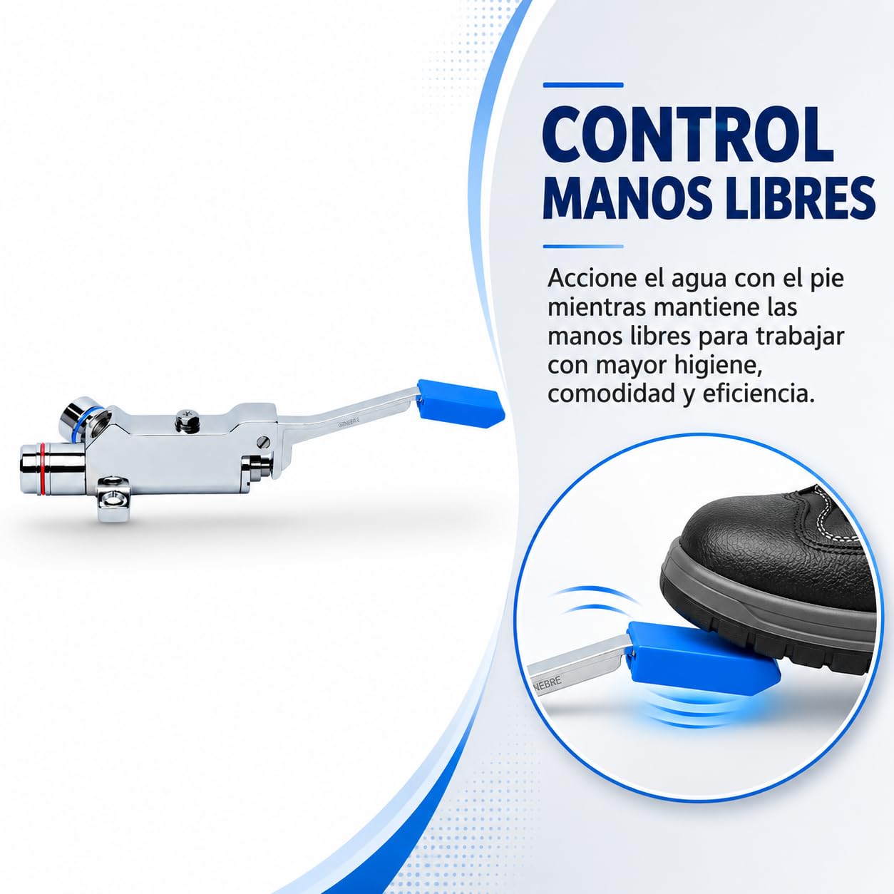 Genebre Válvula Mezcladora a Pedal con Retención Agua Fría y Caliente | Permite controlar el caudal y la temperatura con el pie, mejorando la higiene y la comodidad en instalaciones profesionales.