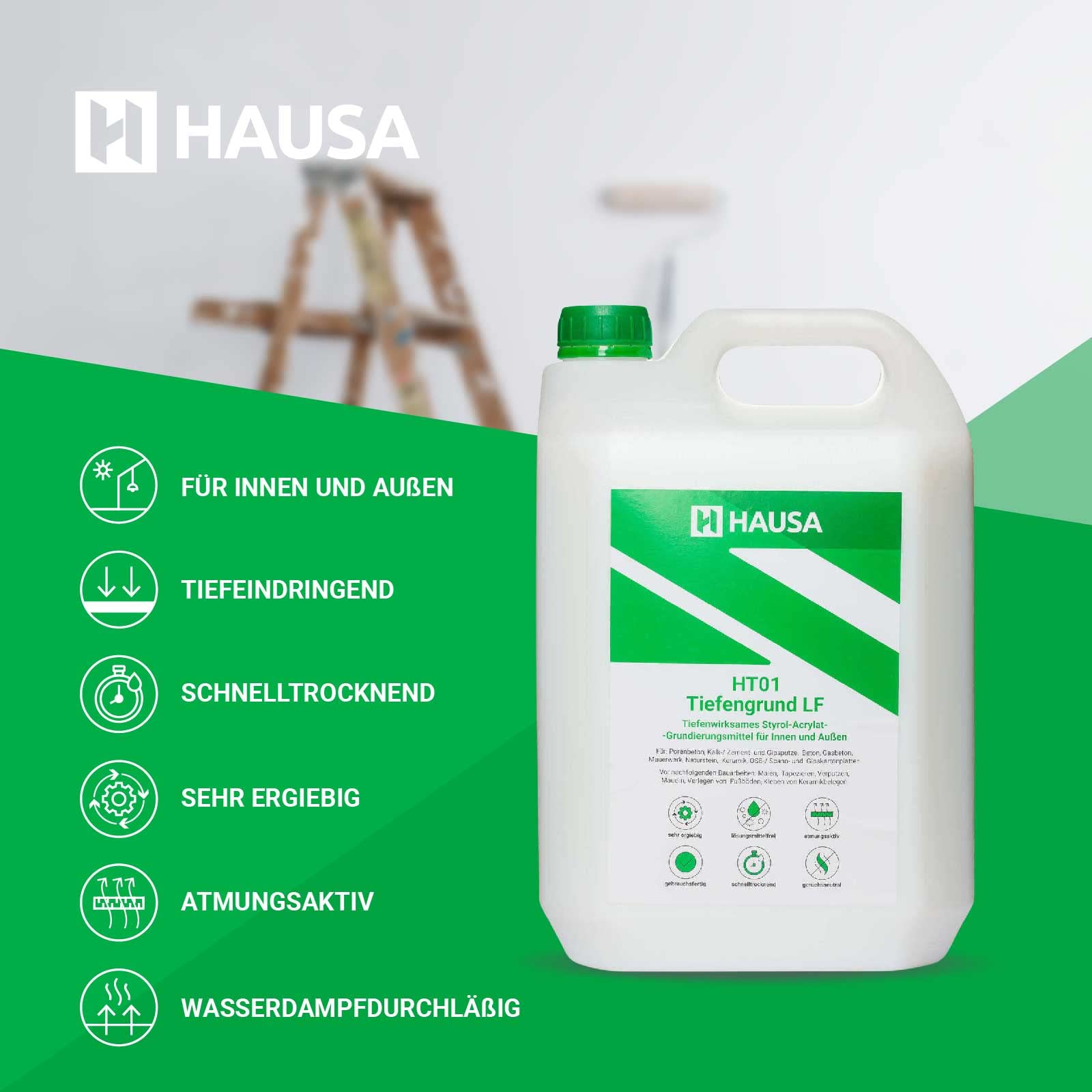 Hausa Fondamento profondo LF 5L pronto all'uso per interni, esterni, soffitto, rinforzato, compensa la capacità di assorbimento, base adesiva di alta qualità, senza solventi