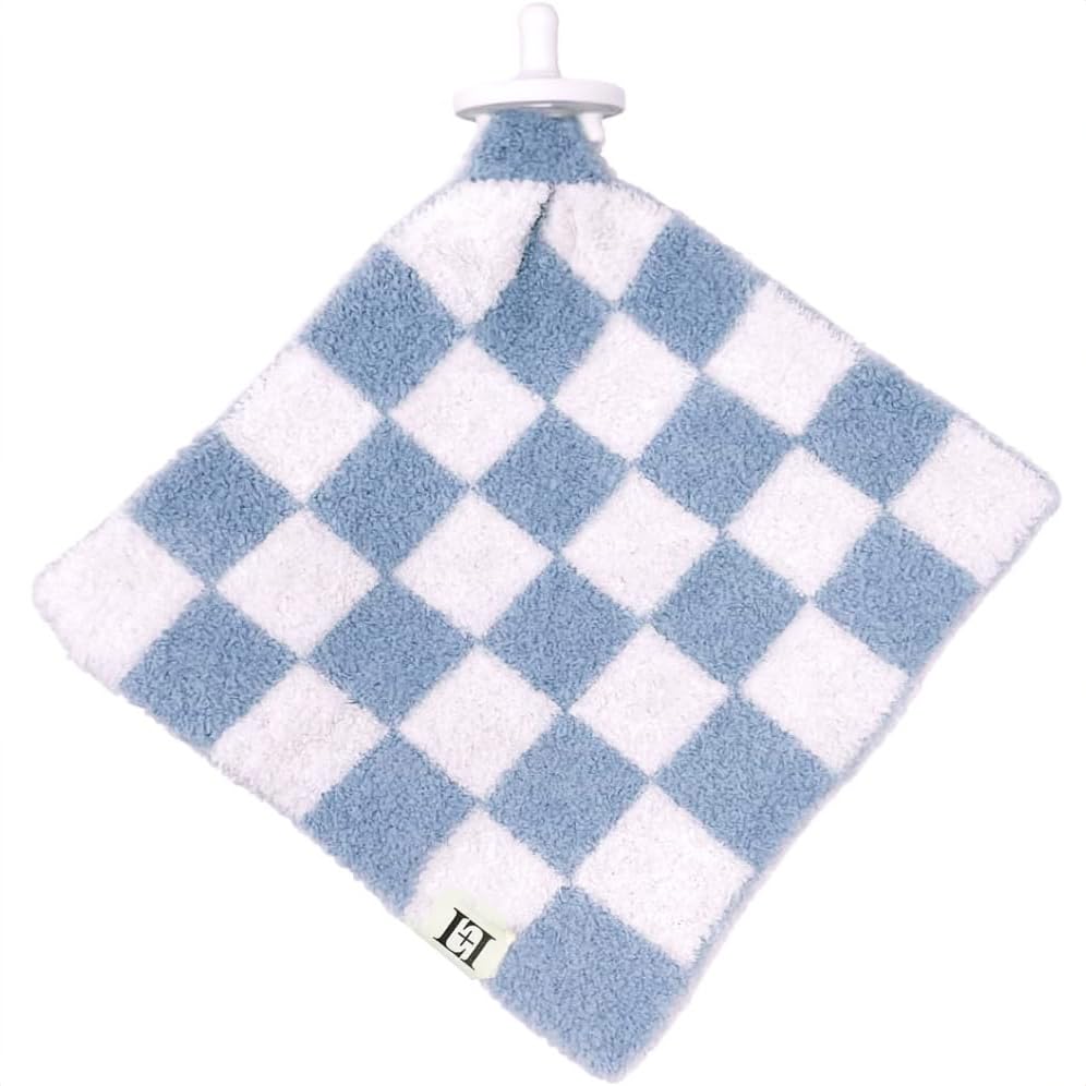 Image of L+L USA Checkered Baby Lovey Pacifier /Teether Holder 10 inchx10 inch - DreamSoft Plush Fluffy Cuddly Soothie Reversible Mini Comfort Blanket - Cute Newborn Gift Essential Babies Boys Girls (Steel Blue /White)