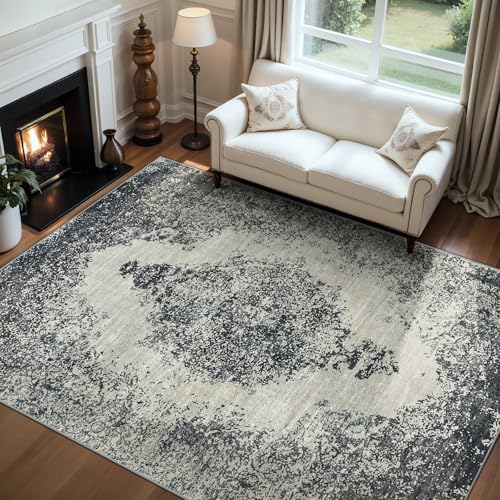 6x9 Area Rugs Washable Rug, Large Vintage Soft Rugs for Living Room Retro Medallion Indoor Carpet for Bedroom Nursery Dining Room Dorm Home Office Non-Slip Stain Resistant Rug (Black, 6'x9')