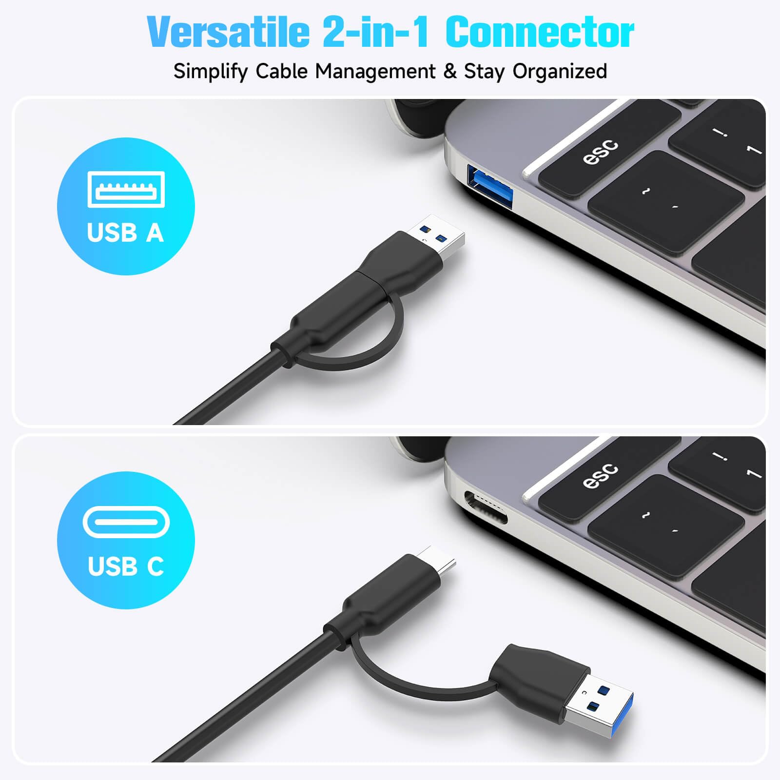 RSHTECH - Divisor de concentrador USB 3.2/USB-C de 7 puertos con 3 puertos USB 3.2 de 10 Gbps (2C + 1A), 4 puertos USB-3.0 (2C + 2A), cable de 3.2 pies, interruptores táctiles y adaptador de corriente