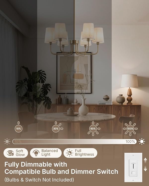 Yunnix 6-Light Champagne Bronze Chandelier, Champagne Chandelier with Linen Shades, No Assembly Required 25" Modern Dining Room Light Fixture for Living Room Kitchen Bedroom Foyer UL Certified by Yunnix - Image 8