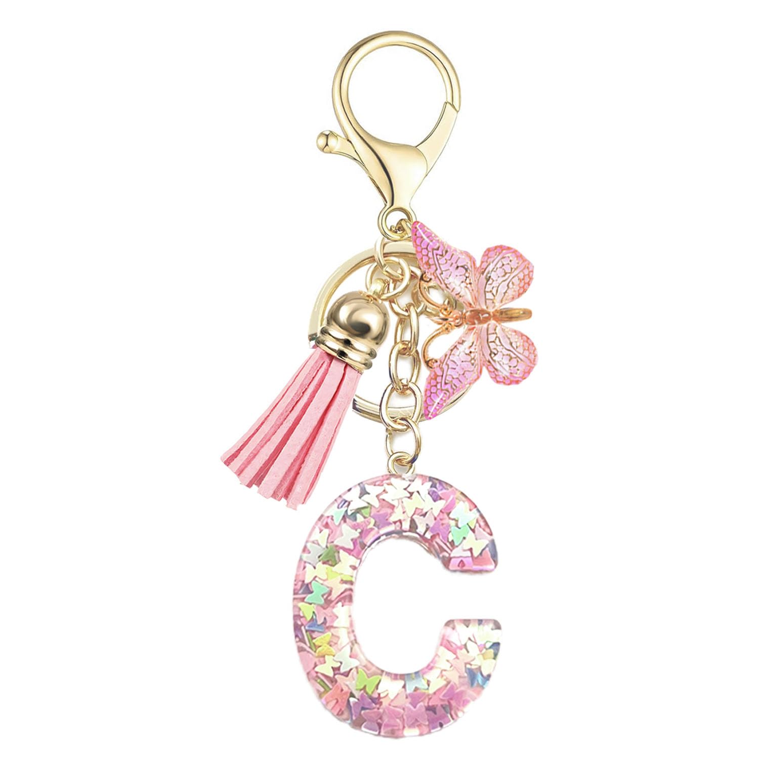 Baofuwan Keychain girl women letter key chain with initial letters butterfly handle pink blue golden for purse handbags school bag
