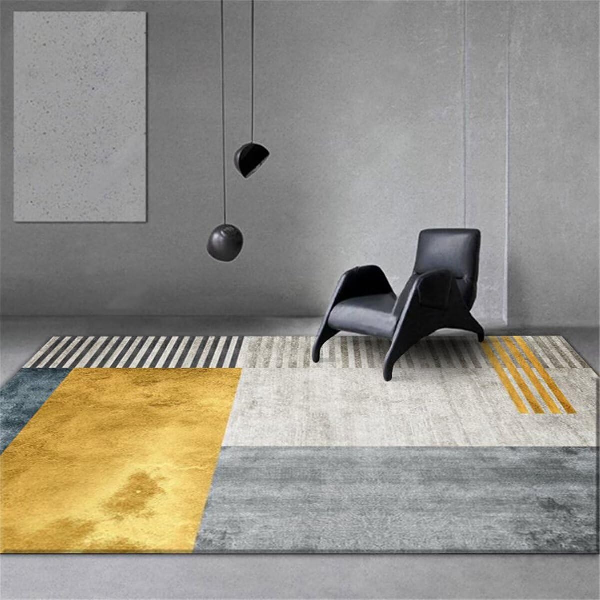 Tapis rond salon 160x200cm géométrique gris-jaune pour chambre fille
