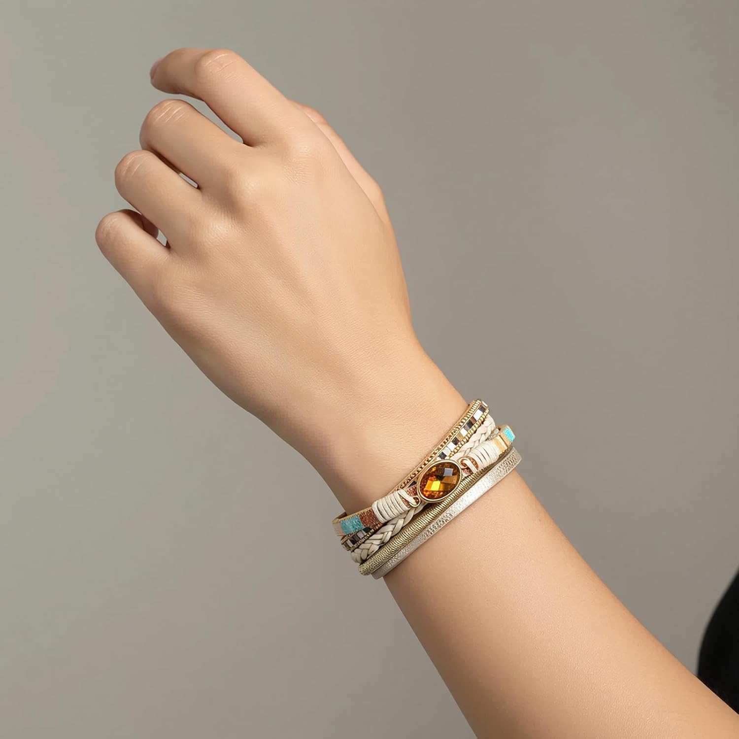 Edoneery Leather Wrap Bracelet for Women, Boho Handmade Multi-Layer Cuff with Crystal Beads Heart, Stackable Bangle Western Jewelry Gift - Image 5