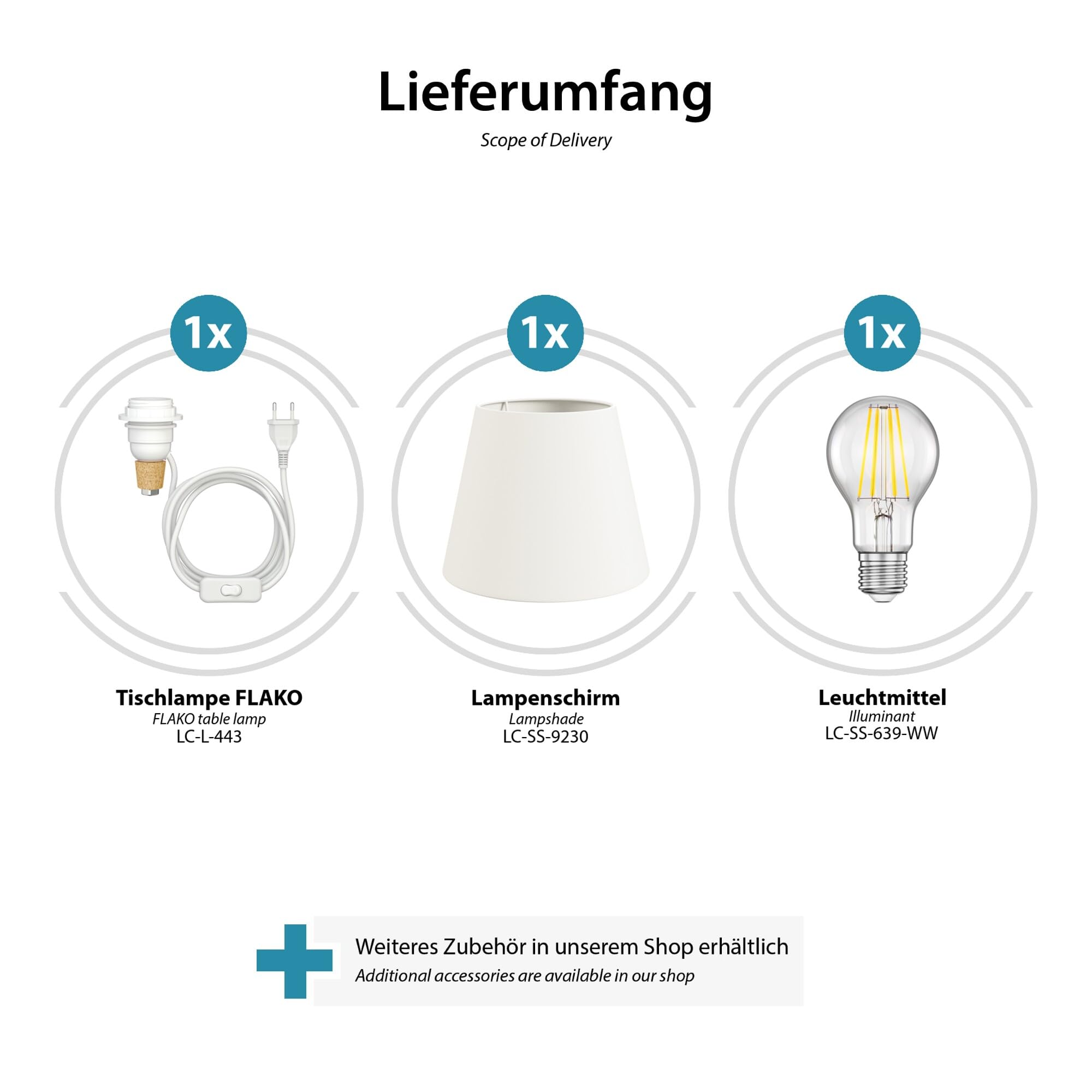 ledscom.de 2 lampade da tavolo FLAKO, cavo in tessuto bianco, paralume bianco, con lampadina LED E27 a 3 intensità inclusa
