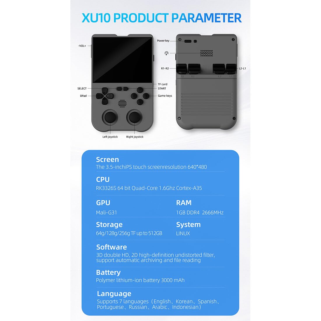 KANBUN XU10 przenośna konsola do gier, 3,5-calowy ekran IPS 256 G retro przenośne przenośne konsole do gier z ponad 12000 gier, bateria 3000 mAh, system open source, obsługa 20 emulatorów, przenośne