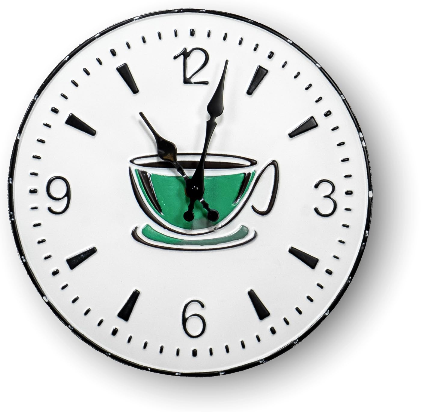 Red Co.12.5” Round Metal Wall Clock with Embossed Coffee Cup Print, White/Black Rim