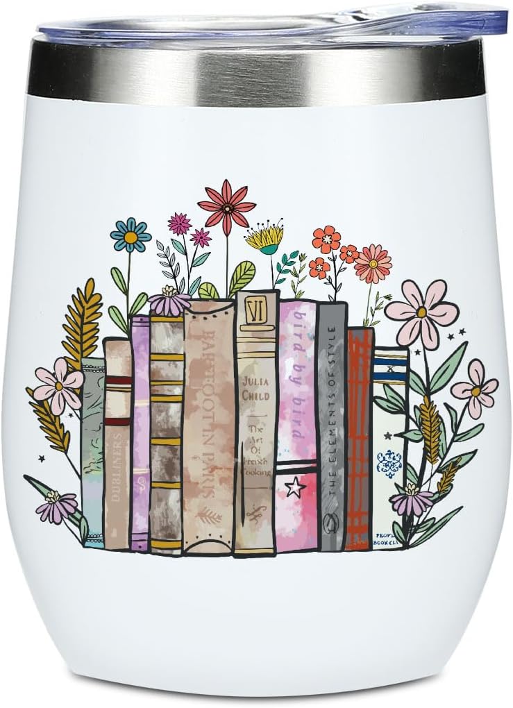 Wine Tumbler, 12 oz Coffee Mug Travel Insulated Cup Vacuum Wine Glass with Lid, Book Lovers Gifts Birthday Christmas Thanksgiving Reading Book Accessories Bookish Librarian Gifts for Women Mom Grandma