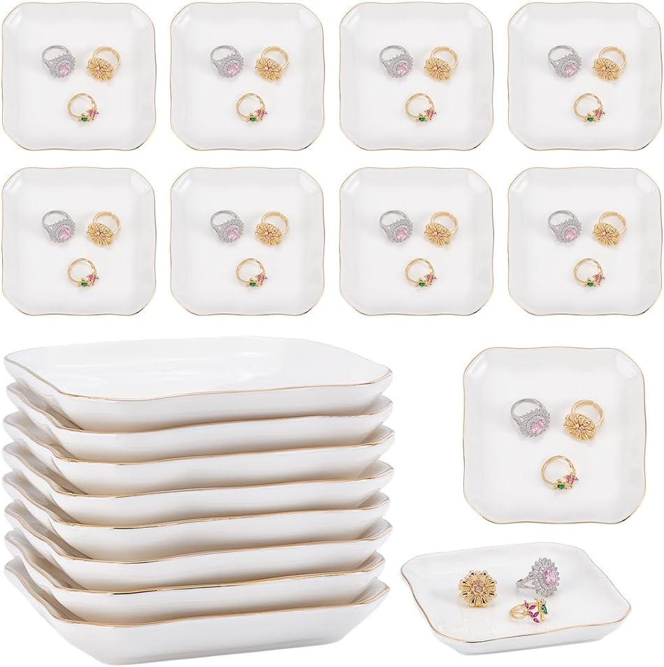 AHANDMAKER 10Pcs Ceramic Jewelry Tray 4 in Decorative Trinket Tray Holder Jewelry Dish Cute Ring Organizer for Earrings Necklaces, Bracelets Bridal Shower Wedding Birthdays Gifts Women, Round