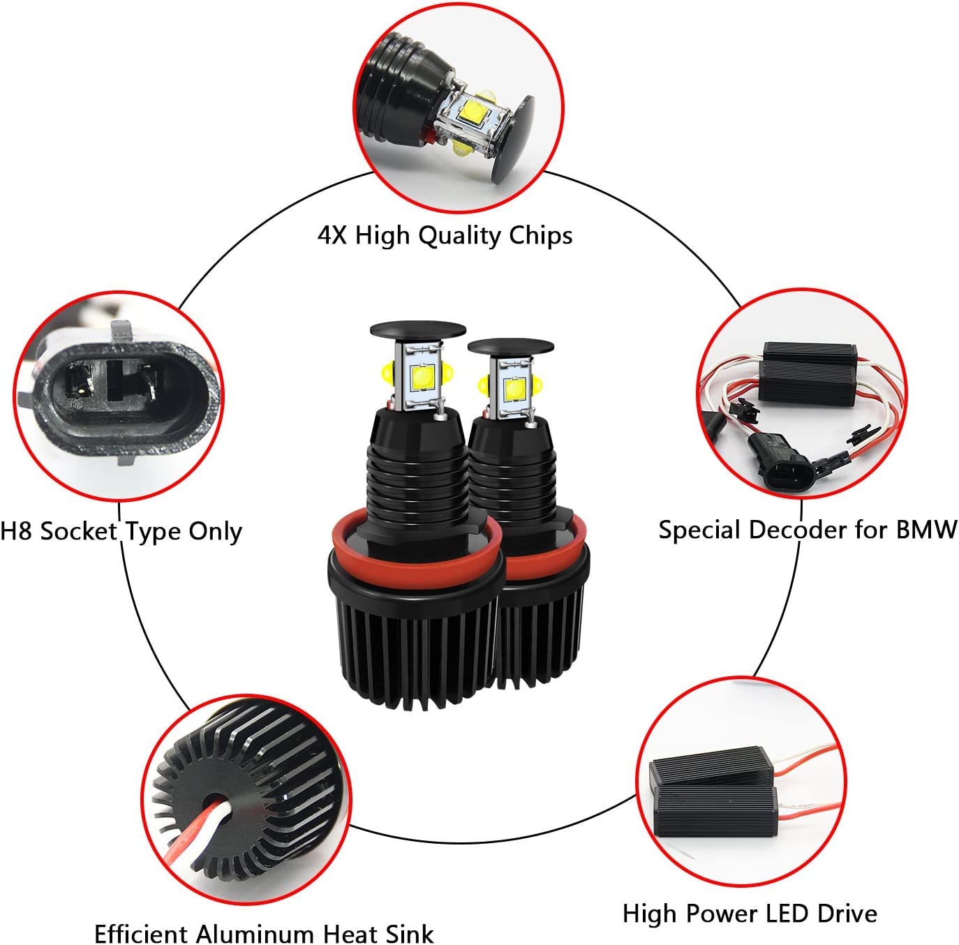 WinPower H8 40W LED Angel eyes Phare Auréoles pour auto Kit de conversion halogène pas d'erreur CanBus Feux de position 6000K Blanc xénon, 2 Pièces