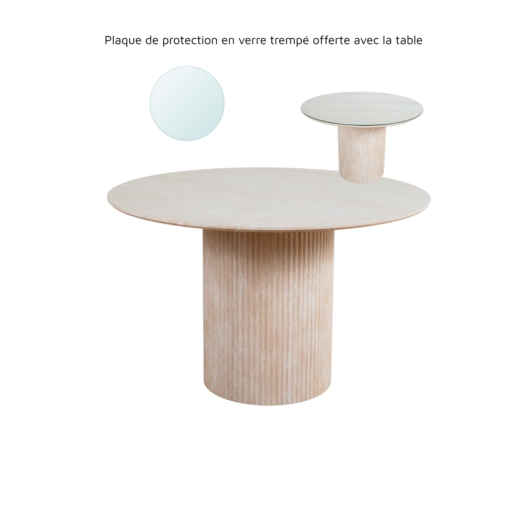 Table à Manger Ronde Pillard – Table Design Effet travertin pour Salle à Manger – Convivialité Naturelle et Usage Quotidien – Pied Central cannelé Stable – Style Chic et Lumineux