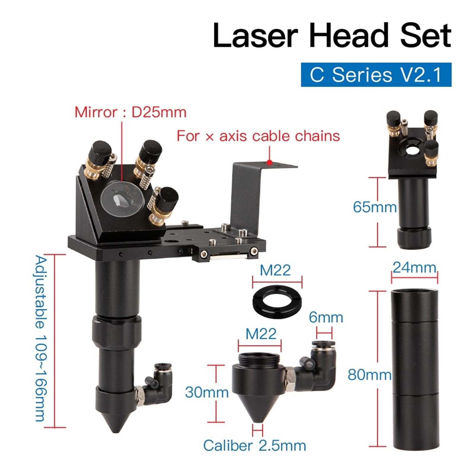 CO2 Laser Head GaAs Lens Set D18 FL38.1 D20FL50.8/63.5/101.6mm Integrative Mount Dia.25 Mo Mirror for Laser Cutter(D20F63 Set)