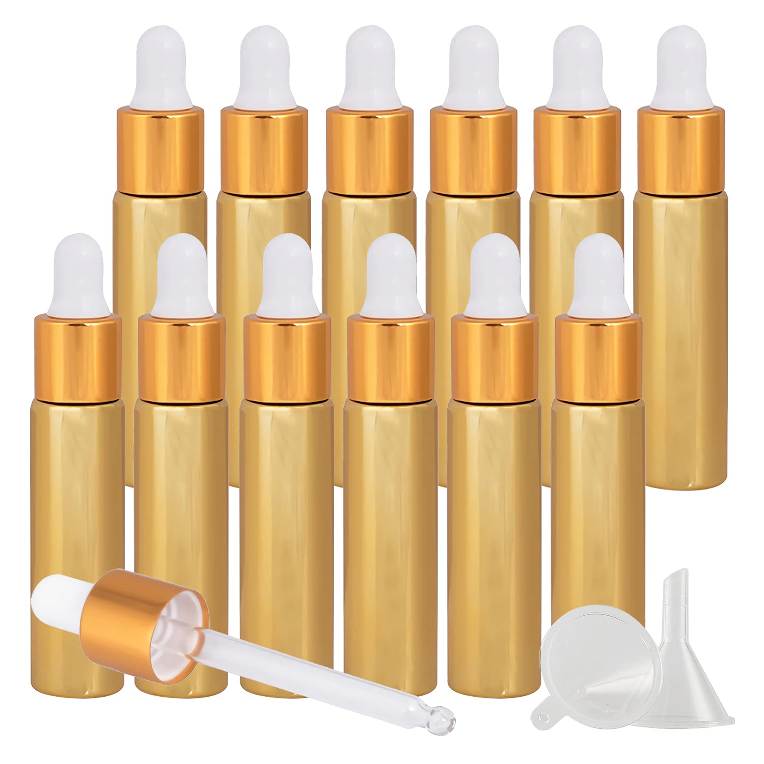 Glas Tropfflasche,Tropfflasche, Packung mit 12 leeren 50-ml-Tropfflaschen aus rosafarbenem Glas mit Pipettentropfer aus Glas und Metallkappe for ätherische Öle und Aromatherapiemischungen(Yellow)