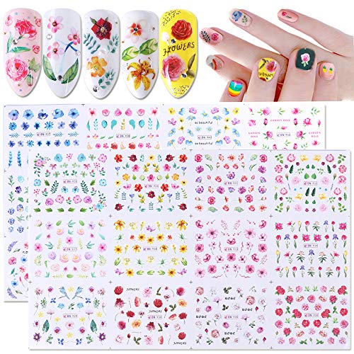 1000+ Flower Nail Art Stickers Decals for Women Girl Nail DIY Design Decorations Water Transfer Blossom Flower Nail Stickers Art Accessories Fingernails Manicure Tips Charms Decals