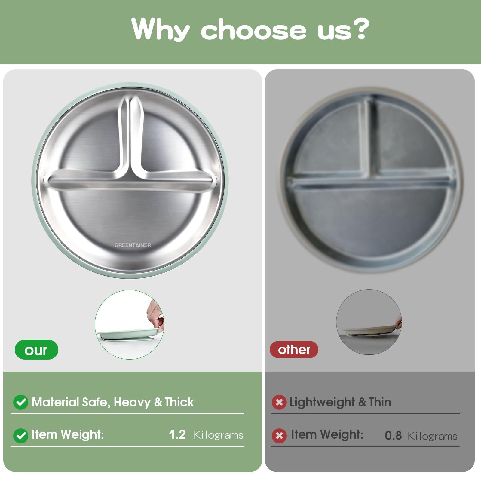 Greentainer Lot de 3 assiettes en acier inoxydable, assiette divisée en silicone avec base adhésive, ustensiles pour tout-petits pour l'alimentation du bébé, sevrage à la demande du bébé, réutilisable