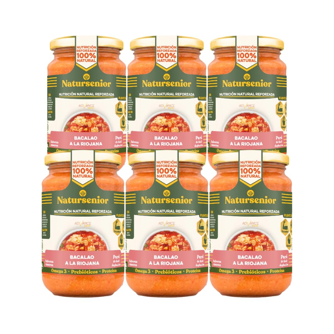 Natursenior Comida Triturada para Personas Mayores Puré de Bacalao a la riojana 100% Natural Omega 3 Fibra Proteína 6 uds x 340g