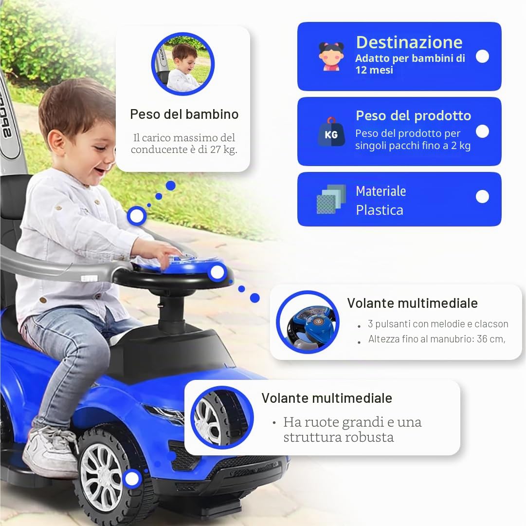 COIL Automobile antiscivolo a partire da 1 anno con barra scorrevole 614 W – Auto per bambini – Design 3 in 1 – Accessori Bobby Car – Veicolo antiscivolo – Bobby Car con barra