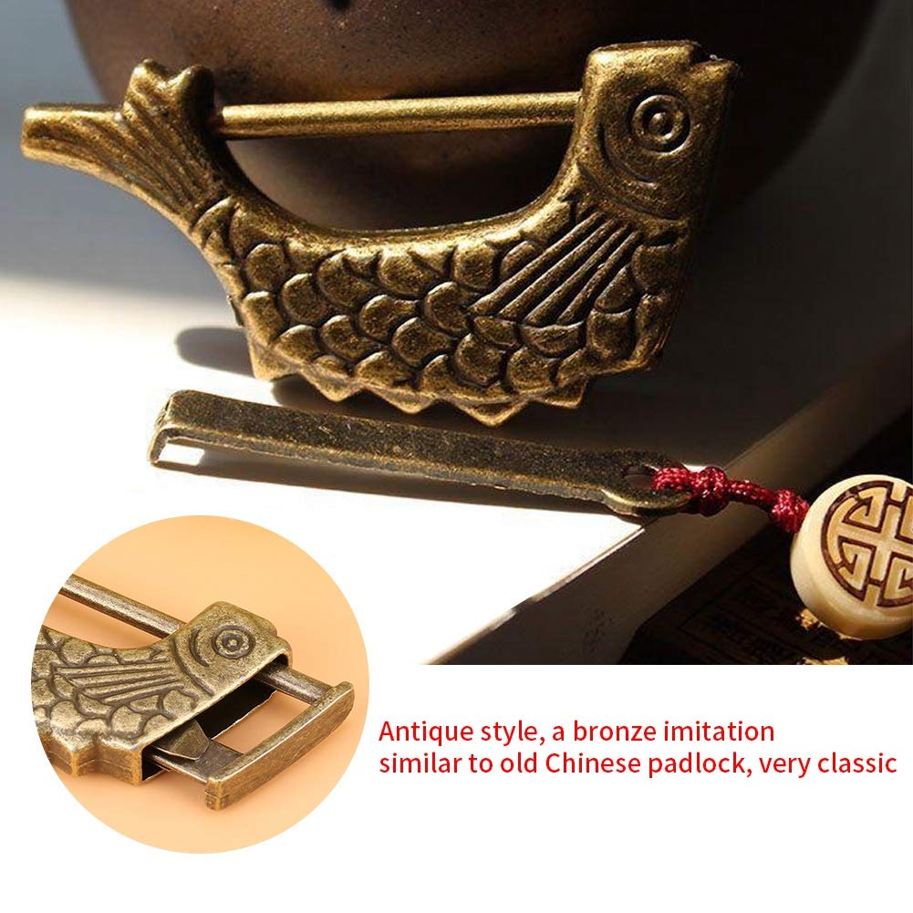 Padlock with Key Small Vintage Metal Fish Shaped Lock Fish Pattern Lock Retro Antique Bronze Chinese Padlock for Drawer, Jewelry Box Suitcase Home Decor