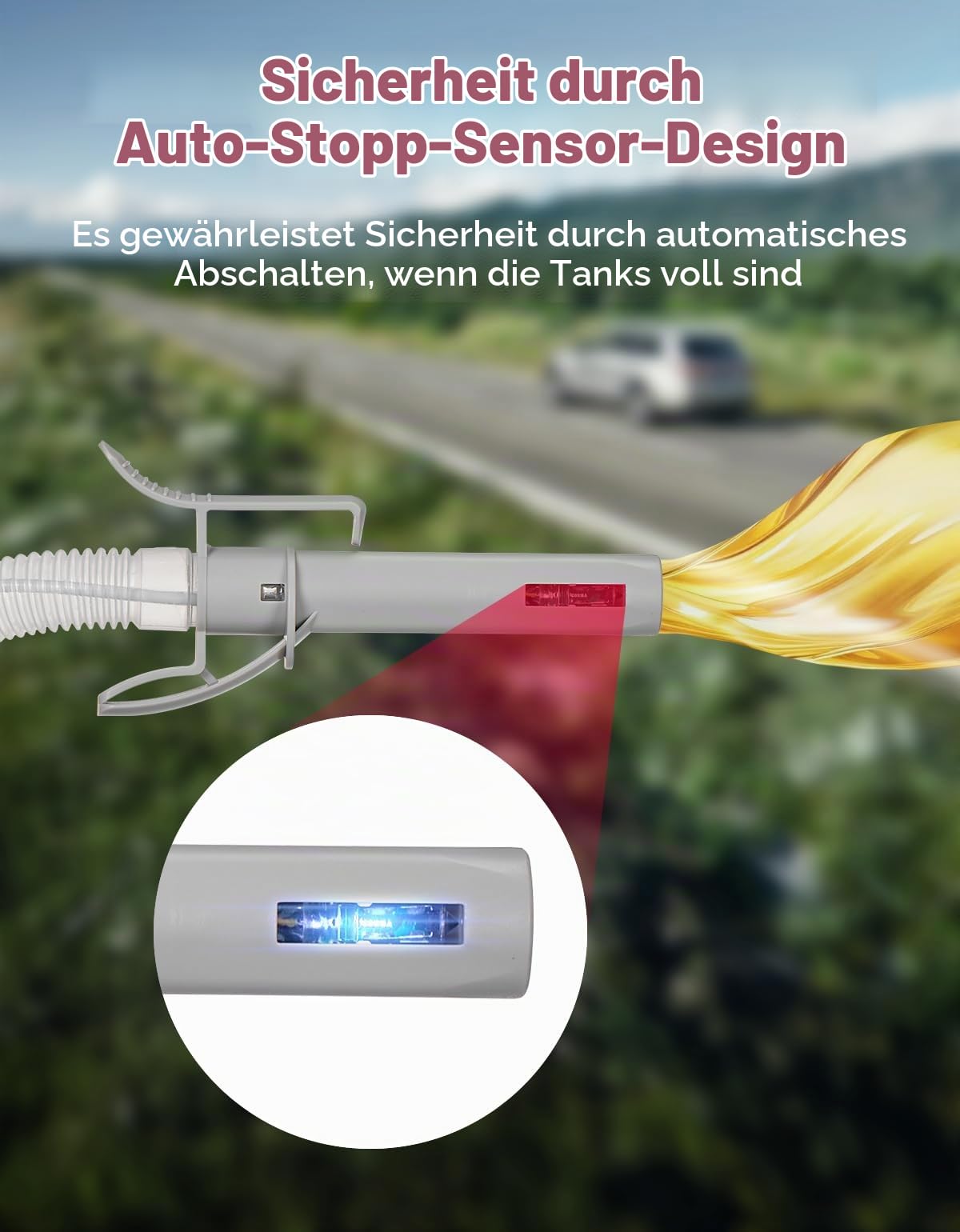 KEMIMOTO Elektrische Kraftstoffpumpe, Umfüllpumpe mit automatischer Abschaltsensor,Überlaufschutz, 2,4 GPM Schnellfluss, mit 3 Kanisteradaptern, 130m Schlauch für Benzin, Diesel, Öl