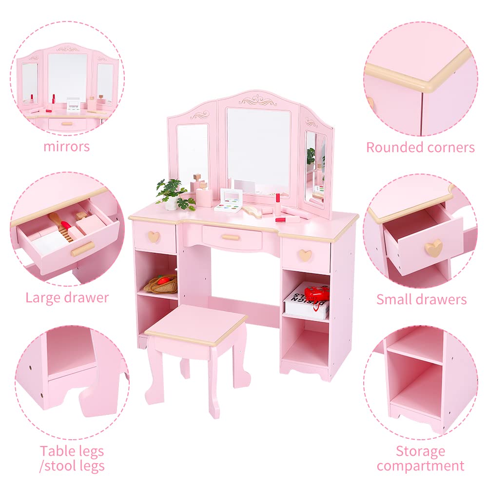 Garvee Coiffeuse Enfant Fille, Coiffeuse Enfant Princesse avec Miroir et Tabouret, Bureau 2 en 1 en Bois MDF Rose pour Chambre d'enfant, Idéal Cadeau d'anniversaire pour Fille 4-9 Ans