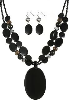 Big Oval Gemotric Pendant Necklace for women Double Strand Colorful Beads Statement Necklace and Earrings Set Fashion Jewelry Gifts