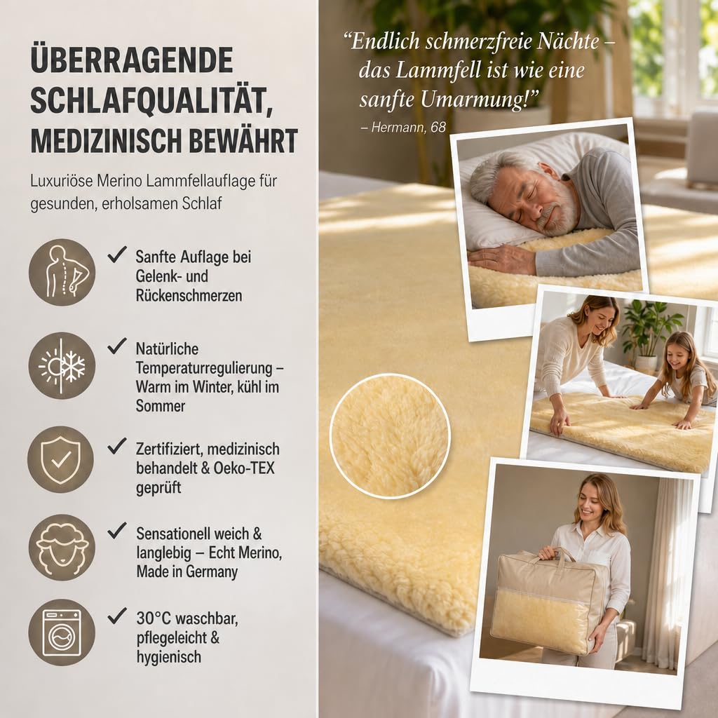 90x200cm Lammfell Premium Bettauflage – Echt Merino Oeko-TEX