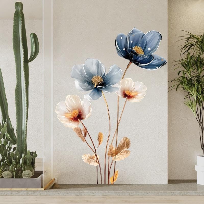 3D Metallic Floral Wall Art Sticker | Elegant Blue & Beige Flower Decor for Living Room, Bedroom & Office | Self-Adhesive Vinyl Wall Mural (58x41CM)