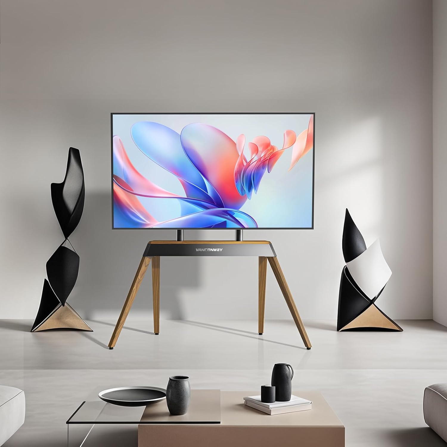 Floor TV Stand for 40 43 50 55 65 75 85 86 Inch LED LCD Screens,Modern TV Stand Wood Iron Furniture，Holds up to 110Lbs,Max VESA 600x400mm,Walnut (VC-Z1818)