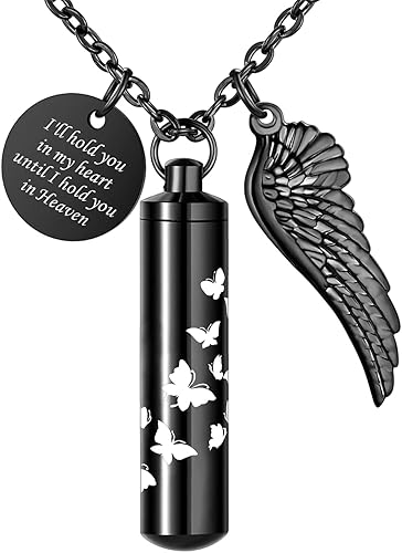 Dletay Cylinder Urn Necklace for Ashes Paw Print Cremation Jewelry for Ashes Memorial Keepsake Pendant with Angel Wing Round Tag Stainless Steel