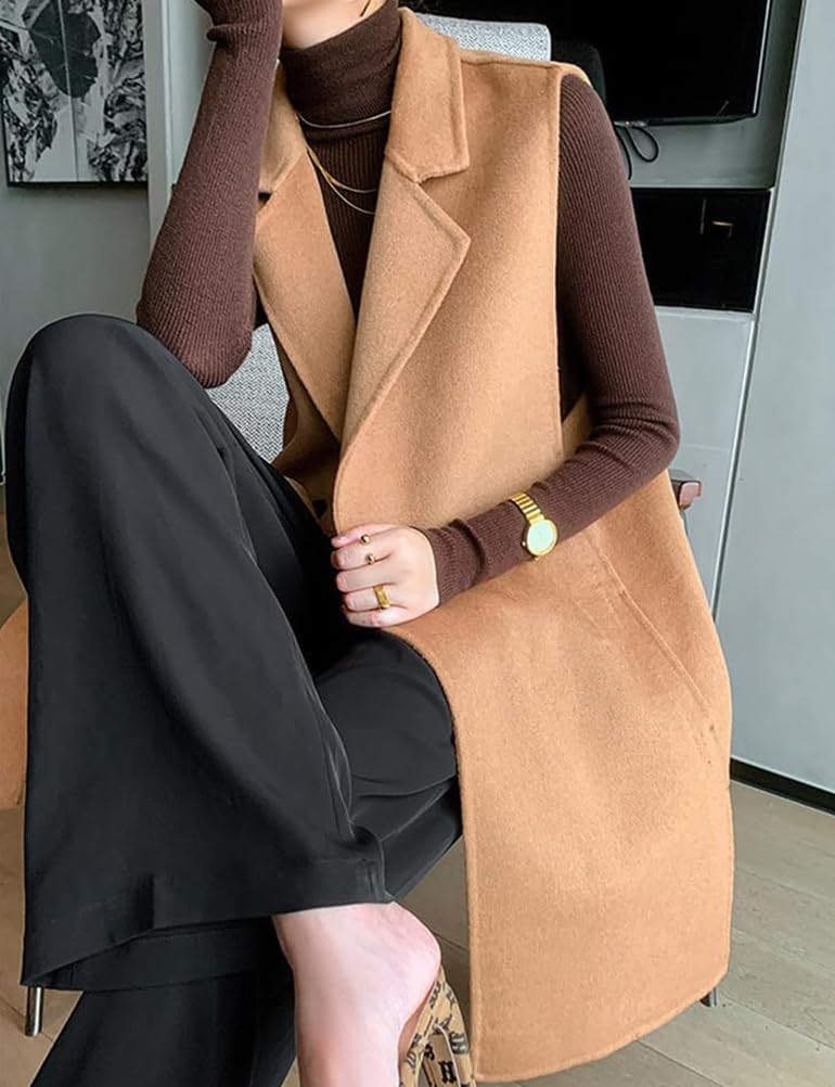 Kinghua Wool Vest Women Fall Winter Casual V Neck Sleeveless Long Cardigan Dressy Blazer Jackets Coat Tops with Pockets - Image 4
