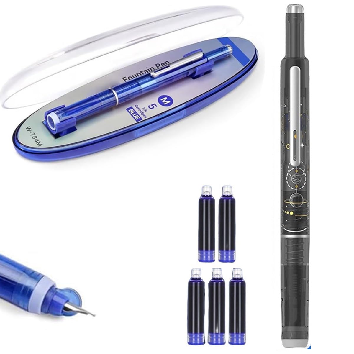 Homtrator Type C Fountain Pen Retractable, Retractable Fountain Pen, 0.38Mm Blue&Black Ink Transparent Barrel Includes 5 Refillable Ink Cartridges, Cartridges Smooth Writing For Journaling Doodling