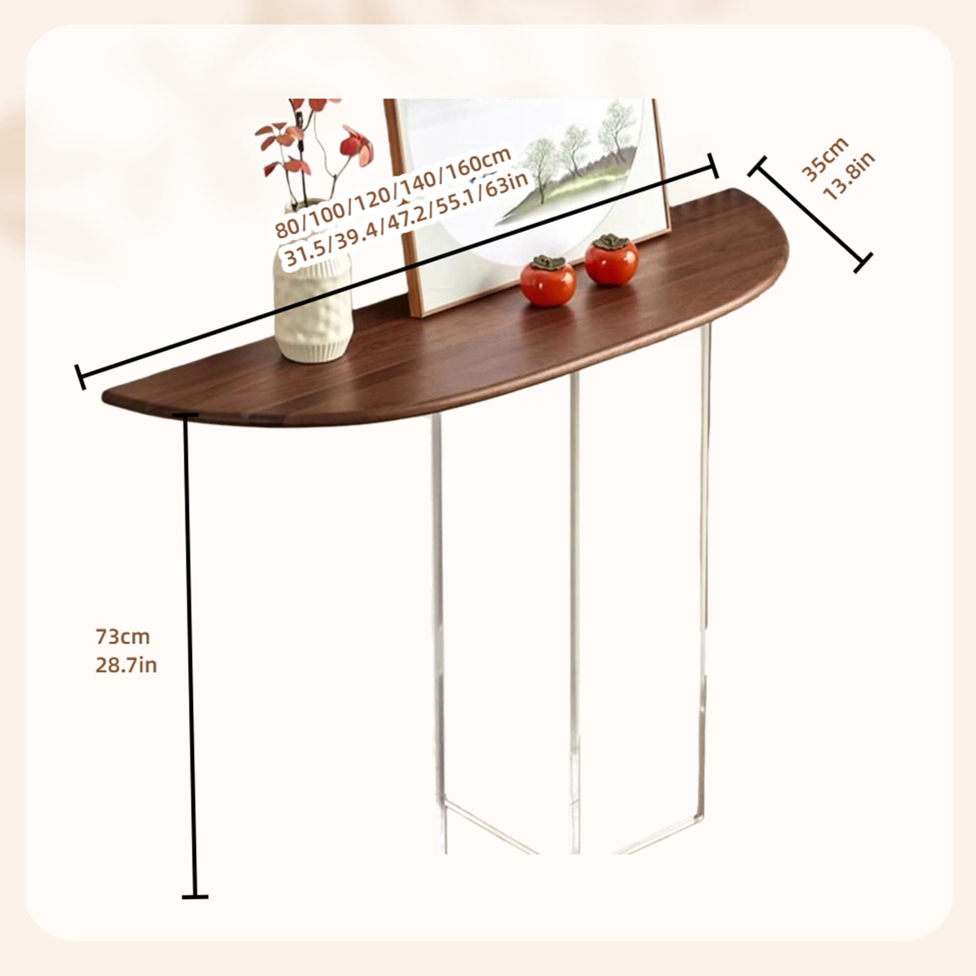 Tavolo da ingresso moderno, console stretta con gambe in acrilico e piano in legno massello, elegante mensola accento per soggiorno, corridoio, atrio, marrone, 80 cm